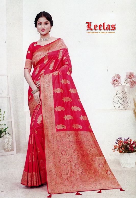 Hot pink silk saree with gold embossed work
