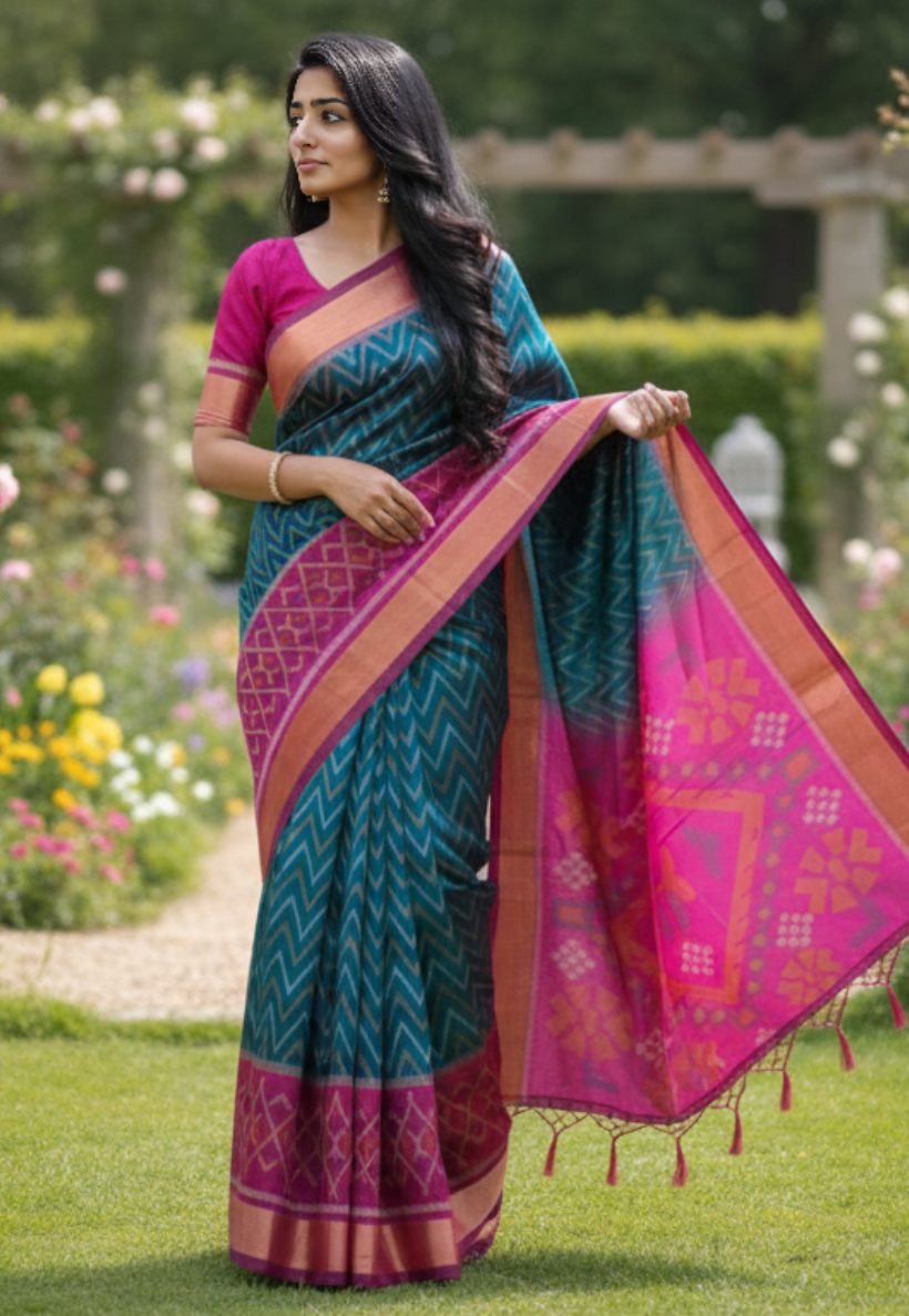 Teal and cerise pink art silk saree