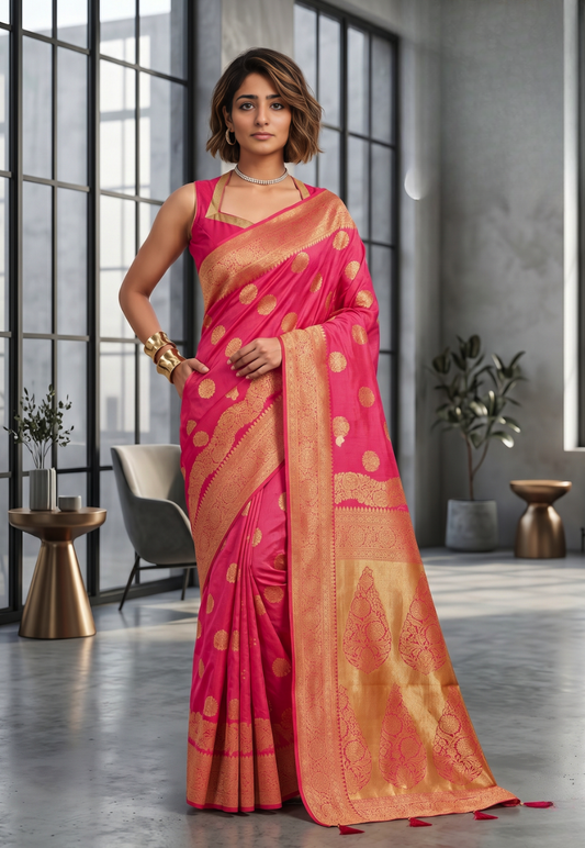 Pink banarasi style cotton silk saree with round gold zari motifs and elaborate floral border