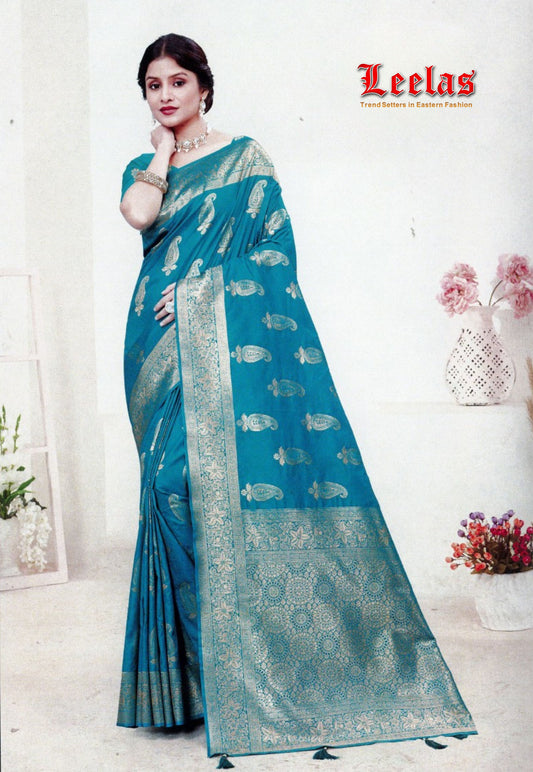 Turquoise silk saree with gold embossed work