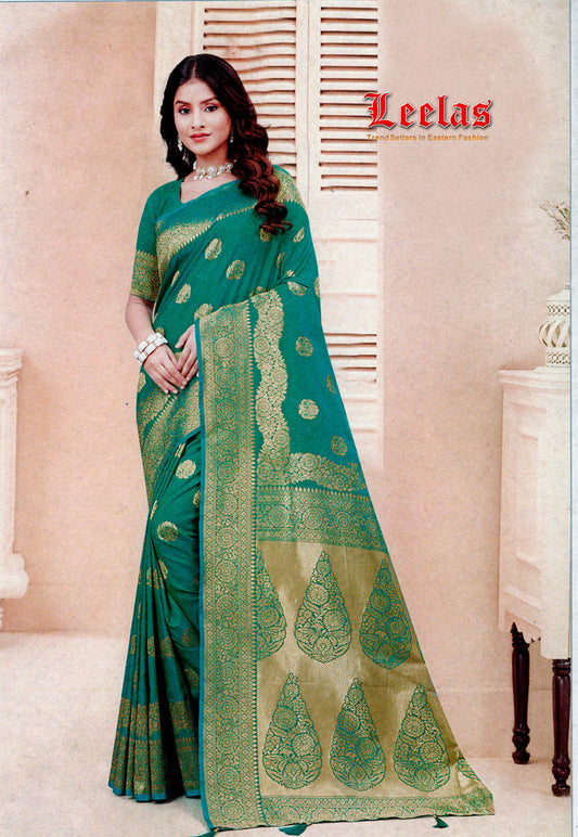 Jade silk saree with gold embosses work