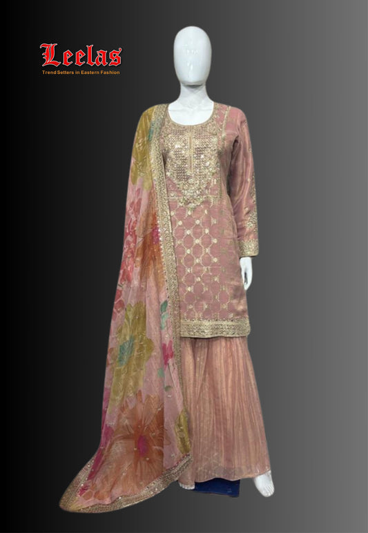 Light pink and gold cotton silk sharara with pallazzo pants and multi-colour scarf
