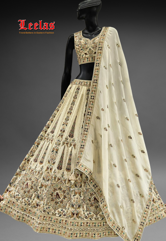 Cream crepe silk lehengha with multi-colour embroidery and sequins work and matching ready made blouse