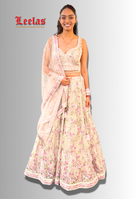 Grey, lilac and purple floral lengha with embroidery and sequin work