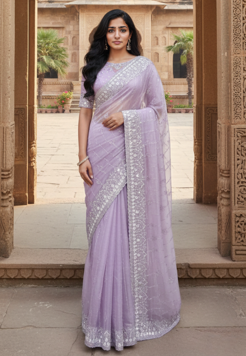 Lilac soft organza saree with sequins, embroidery and stonework
