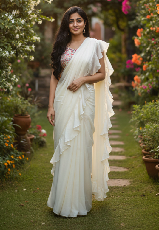 Cream satin silk ready to wear saree with embroidery and sequins