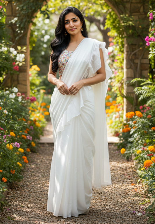 White satin silk ready to wear saree with embroidery and sequins