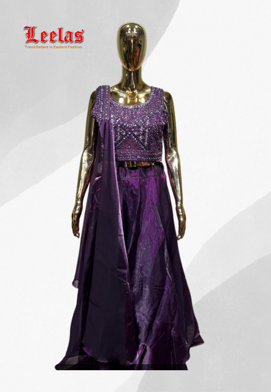 Purple silk lehengha with mirror, beadwork and embroidered ready blouse