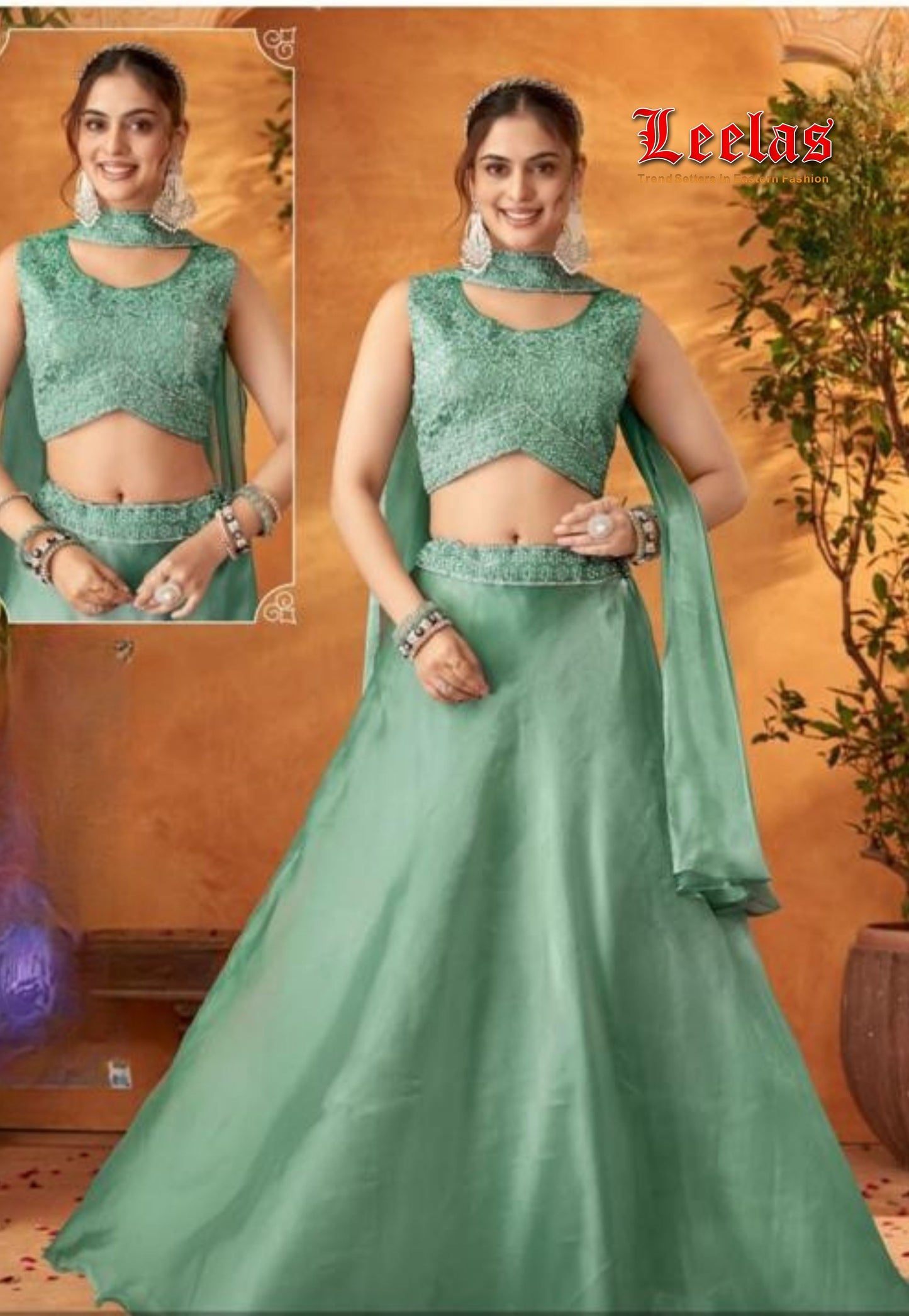 Jade Silk Lehgna with ready made blouse with embroidery stone and sequin work.