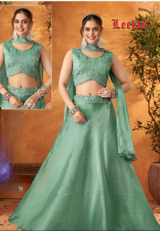 Jade silk lehengha with ready made blouse with embroidery stone and sequin work