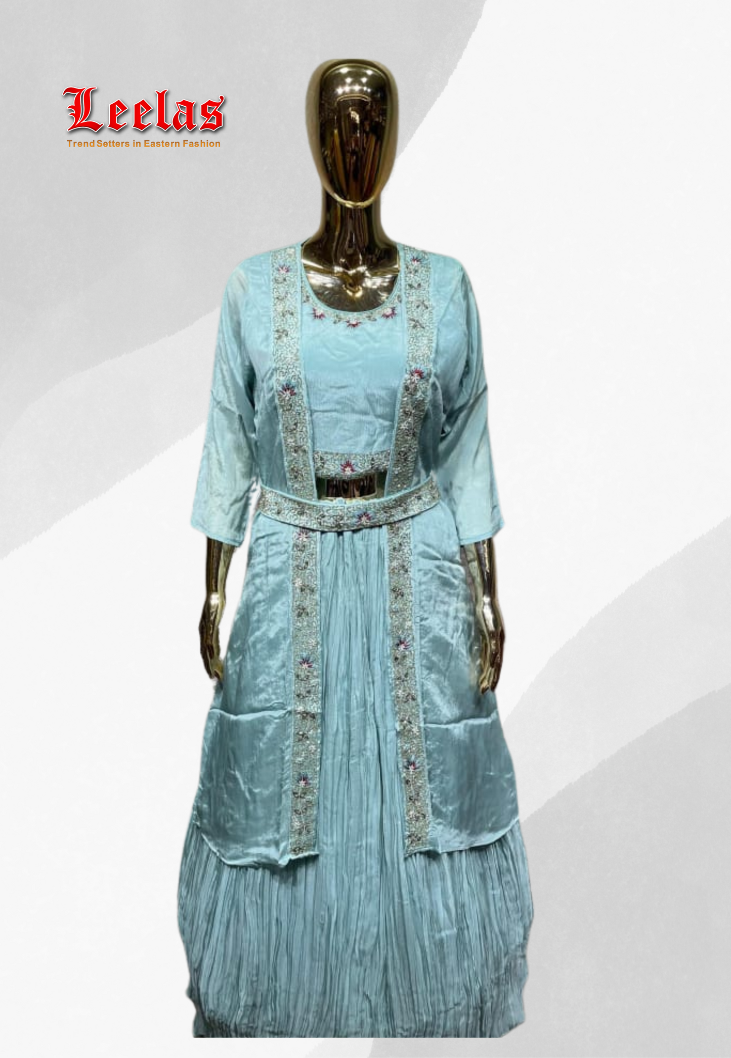 Sea green silk sharara with sleeveless ready made blouse with sequin and embroidery work, long sleeve, long jacket and matching jacket