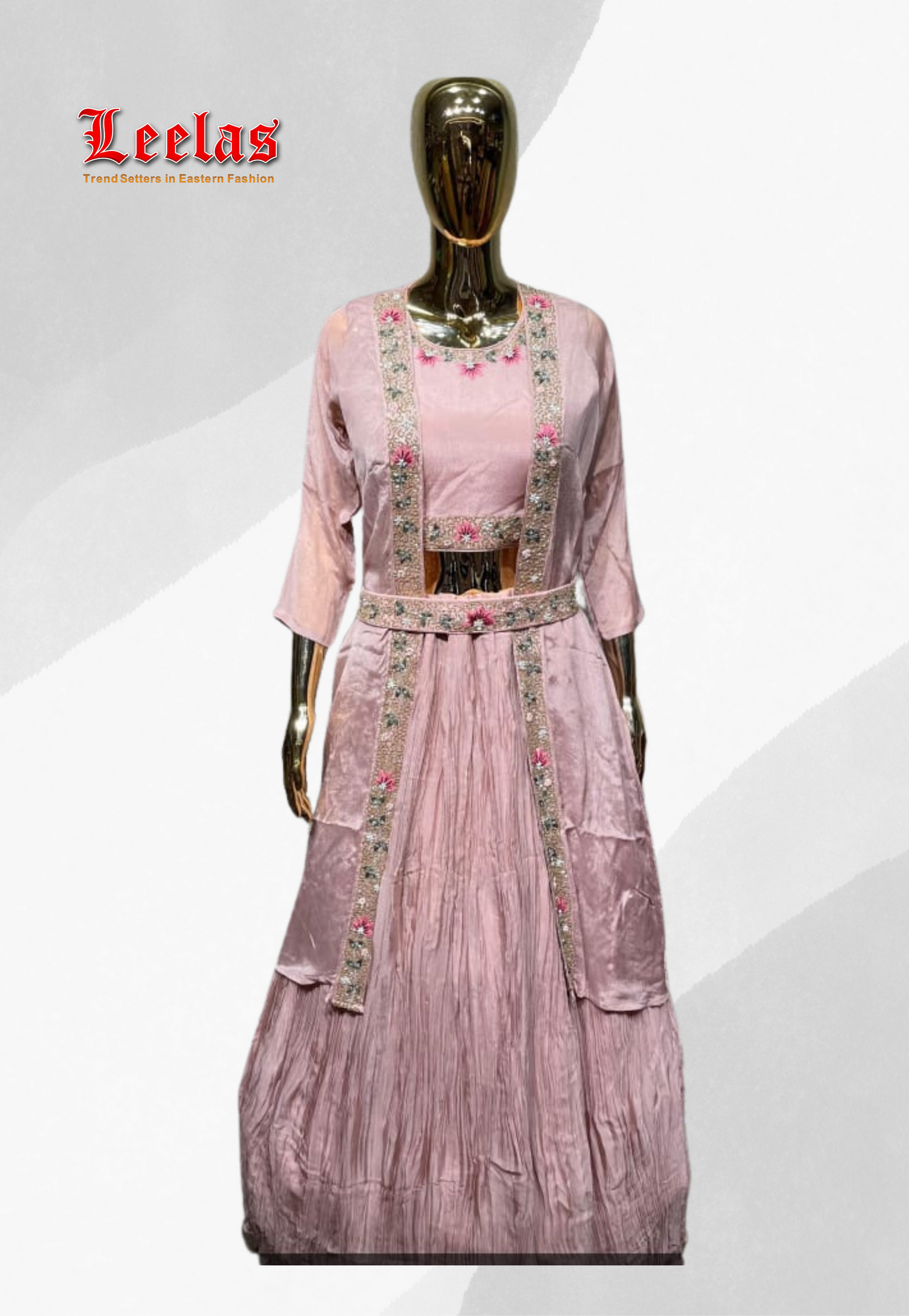Mink silk sharara with sleeveless ready made blouse with sequin and embroidery work, long sleeve, long jacket, crushed silk skirt and matching belt