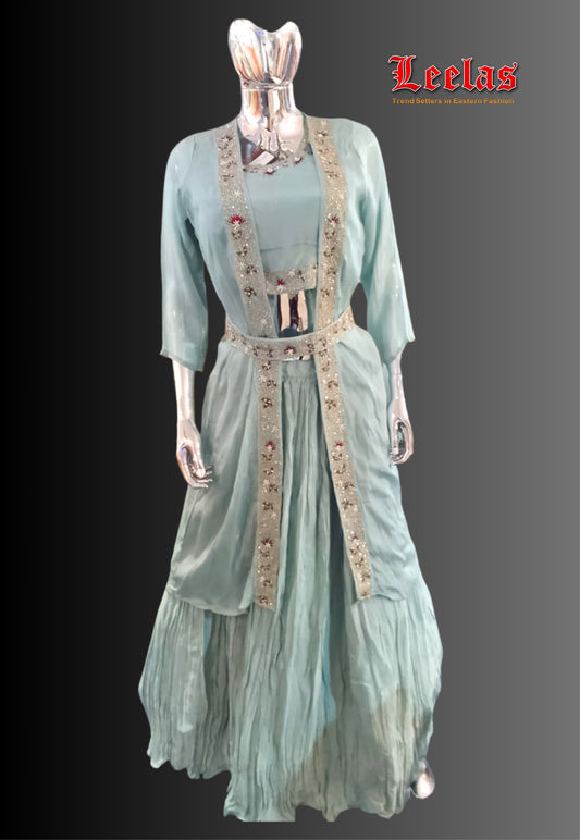 Sea green silk lengha with sleeveless ready made blouse with sequin and embroidery work, long sleeve, long jacket and matching jacket Houghton Johannesburg