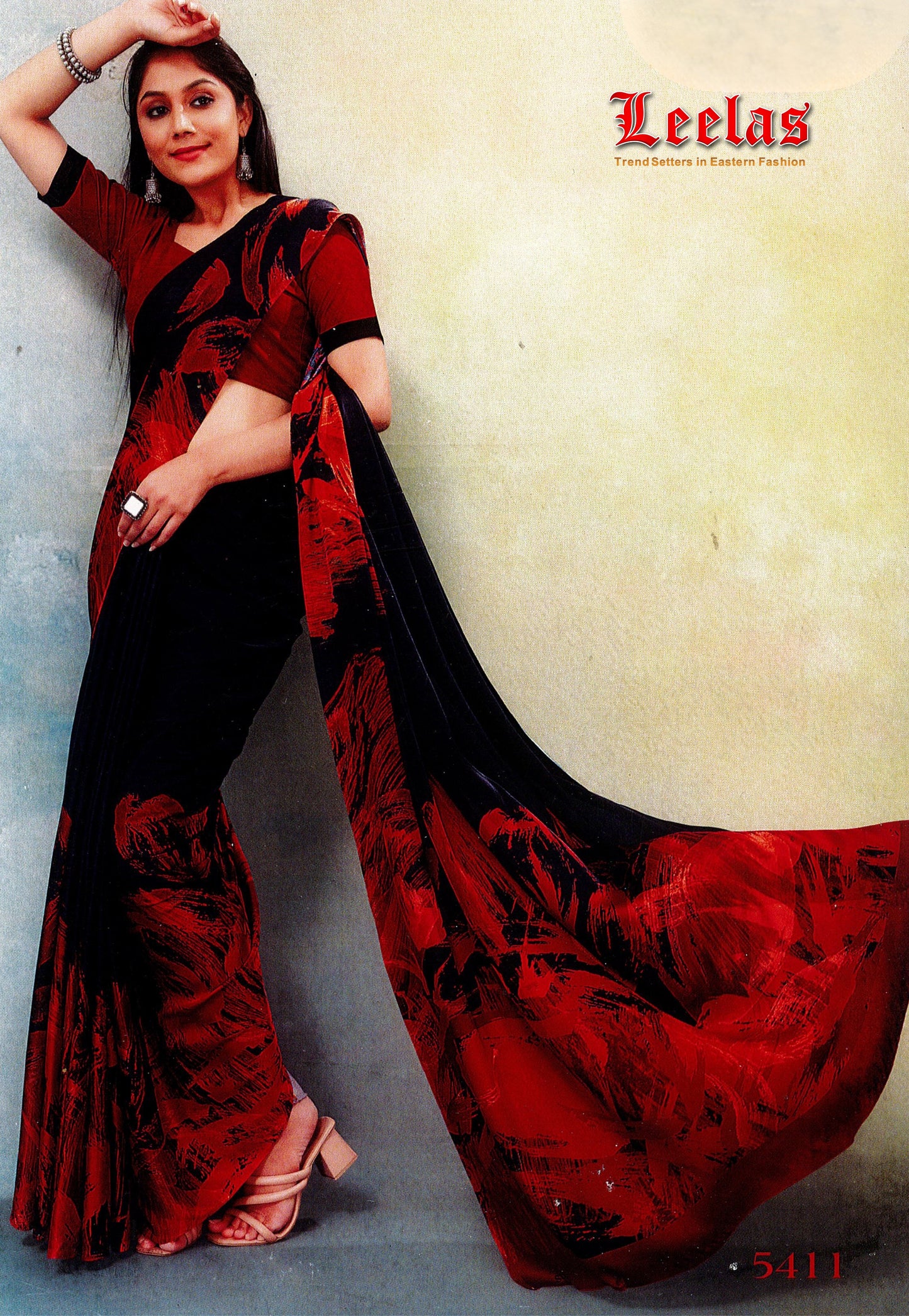 Deep red and black abstract print shamoo sill saree