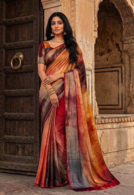 Crepe saree featuring shades of terracotta, muted brown and dusty rose with abstract pattern