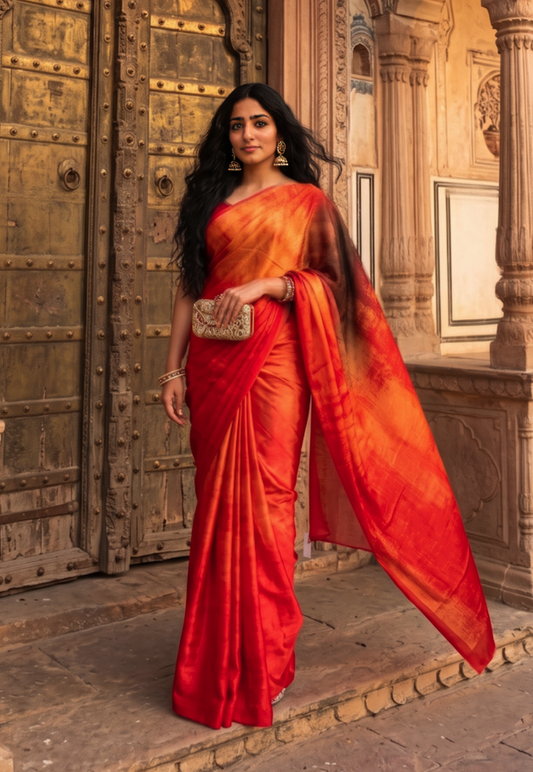Mustard and red shade digital printed crepe saree