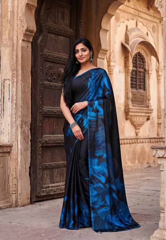 Royal blue and black digital printed crepe saree