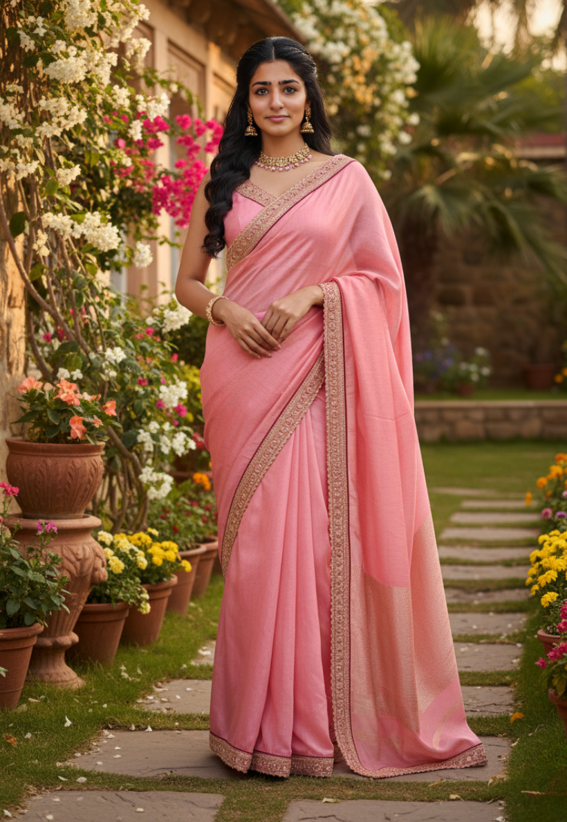 Coral cotton silk saree with zari work