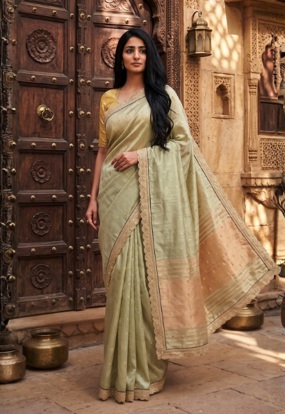 Lime green cotton silk saree with sequins and zari border with dark green contrasting blouse piece