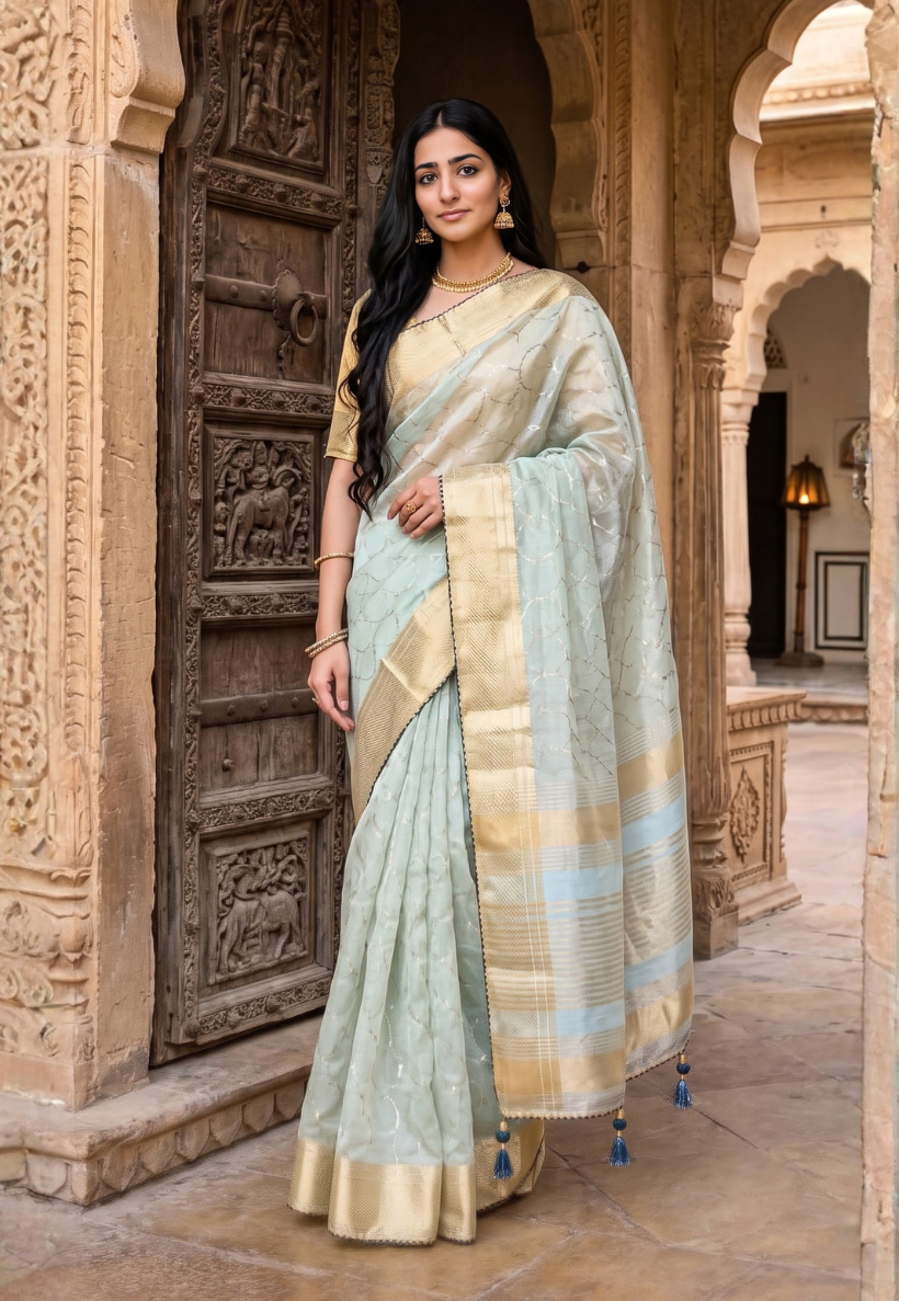 Light blue  cotton silk saree with zari and sequins