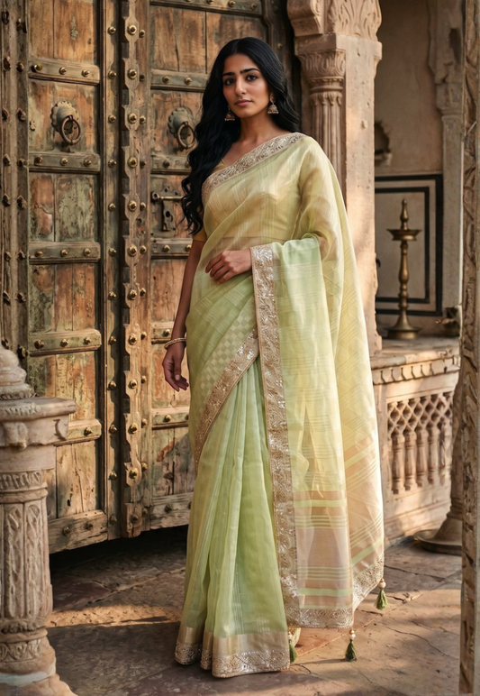Mint green cotton silk saree with sequins, gotapatti and zari border with matching blouse piece