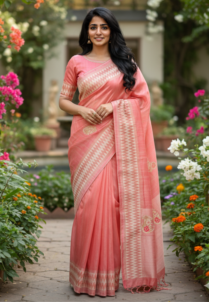 Coral /pink Cotton Silk saree with  gottapatti motives