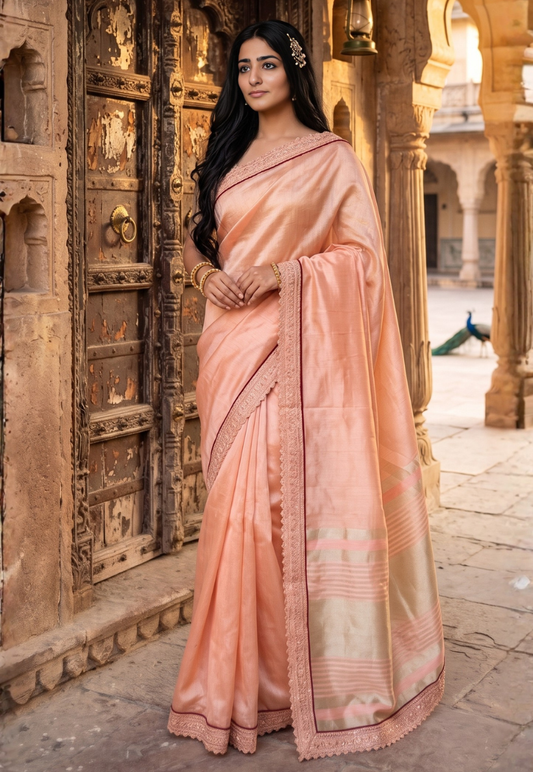 Light peach cotton silk saree with zari sequins and diamond pattern on border