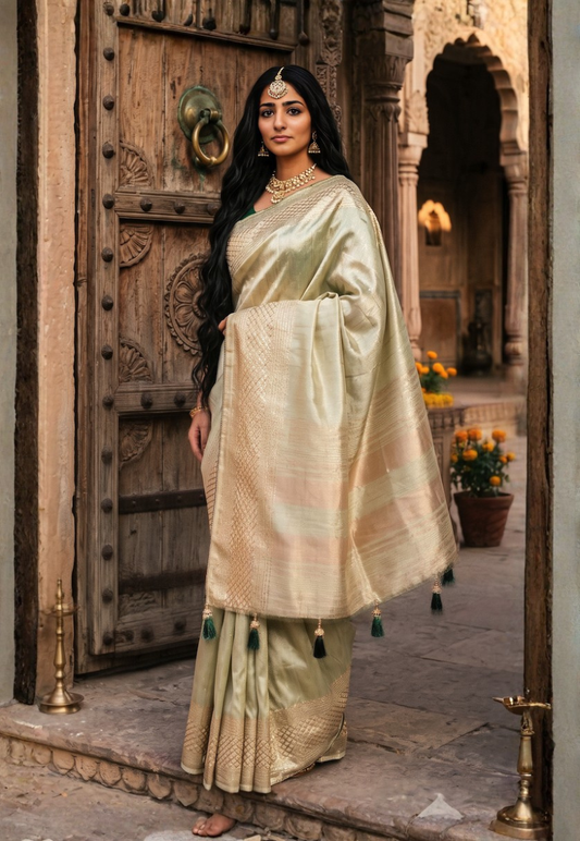 Light green cotton silk saree with sequins and diamond pattern zari border with bottle green contrasting blouse piece