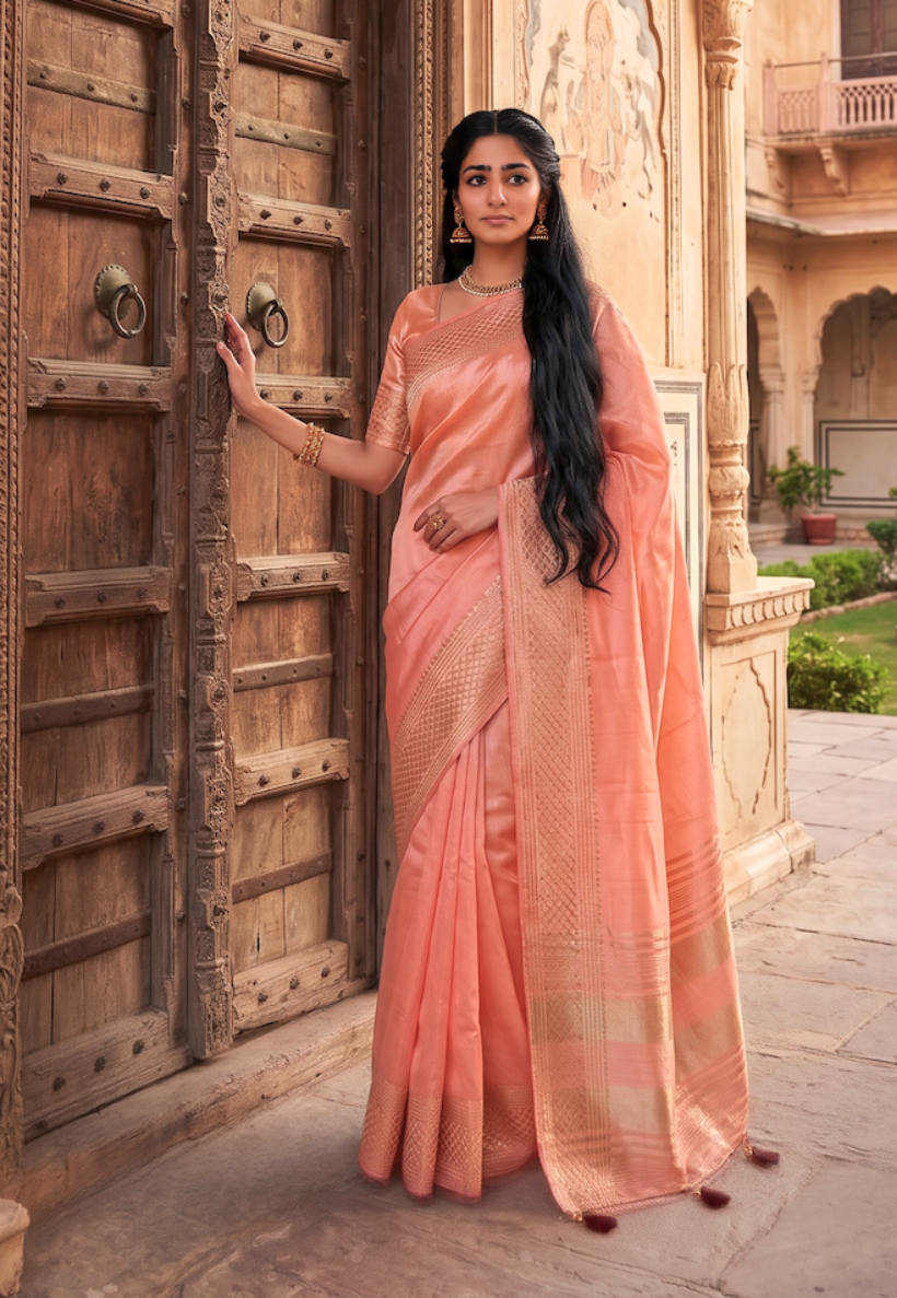 Coral cotton silk saree with zari sequins and zari pattern on border