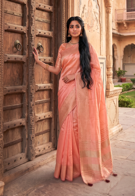 Coral cotton silk saree with zari sequins and zari pattern on border