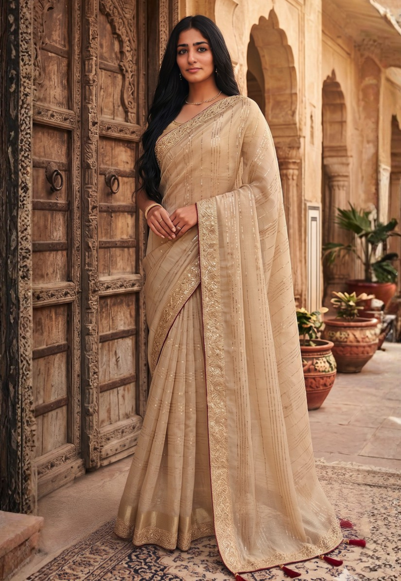 Gold cotton silk saree with zari , sequins and gotapatti on border