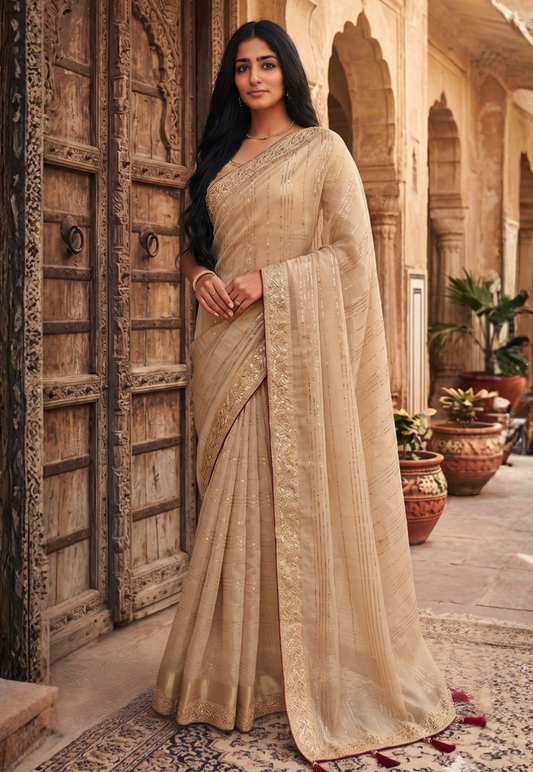 Gold cotton silk saree with zari , sequins and gotapatti on border
