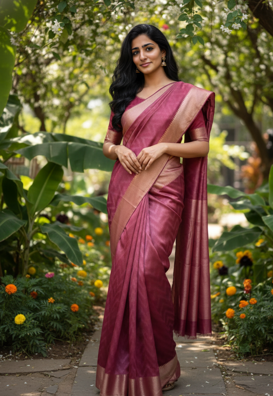 Plum cotton-silk saree adorned with intricate zari work, paired with both matching and contrasting teal blouse pieces.