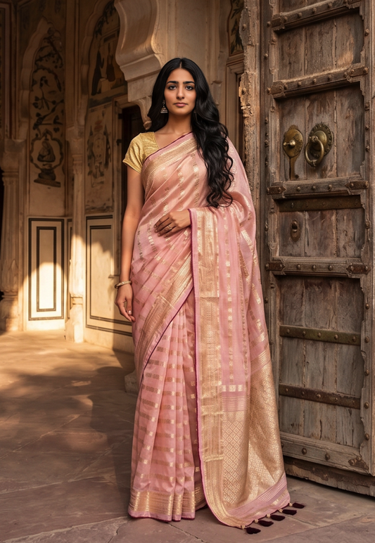 Mink  cotton silk saree with zari border and contrasting deep burgundy blouse  piece