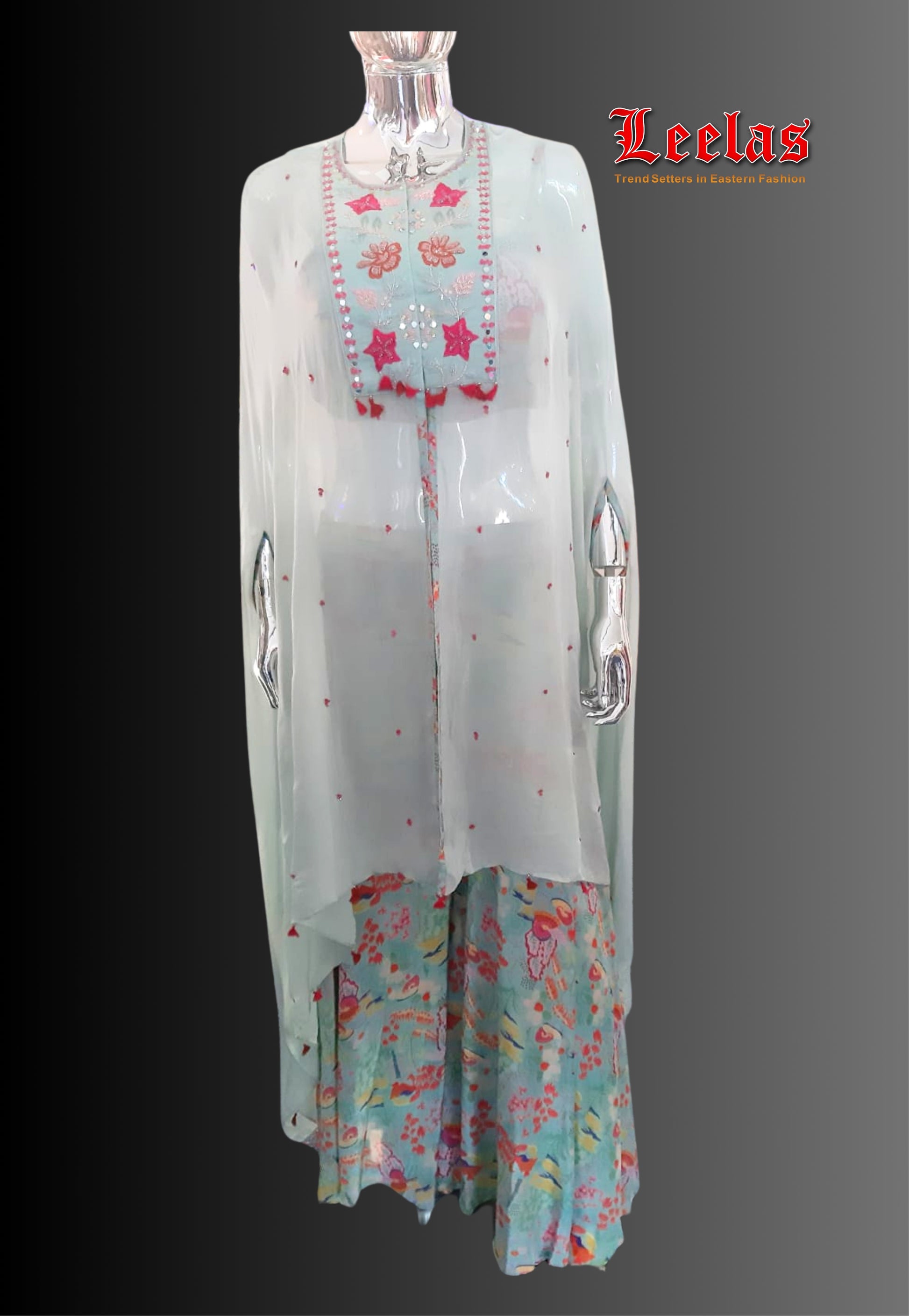 Georgette Indo Western Cape style mint green long top with ready made floral bouse and floral pallazzo pants Houghton Johannesburg