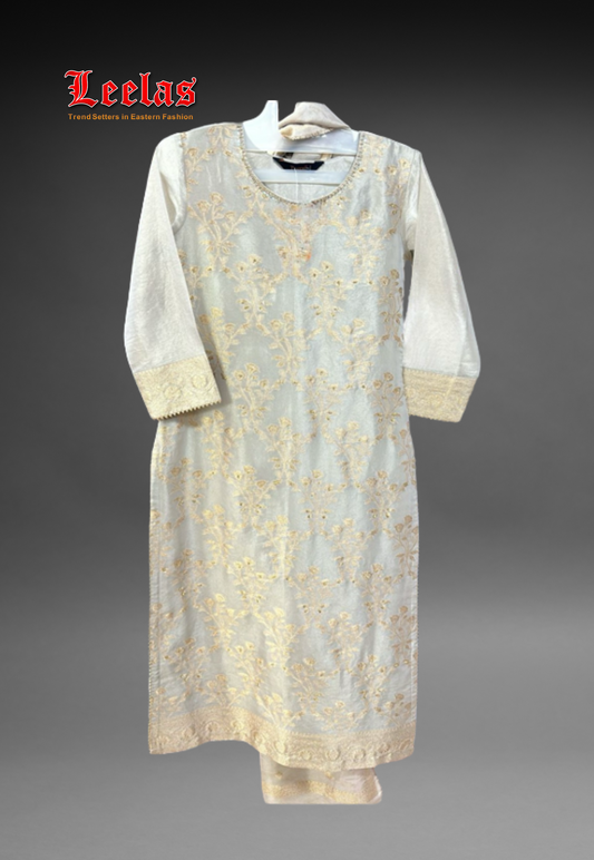 Champagne silk gold embossed salwar kameez