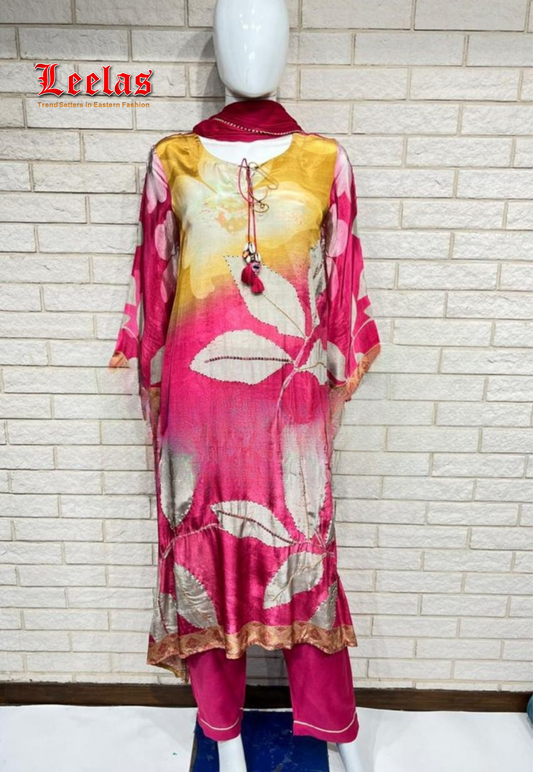 Mustard and cerise pink floral crepe silk salwaar kameez