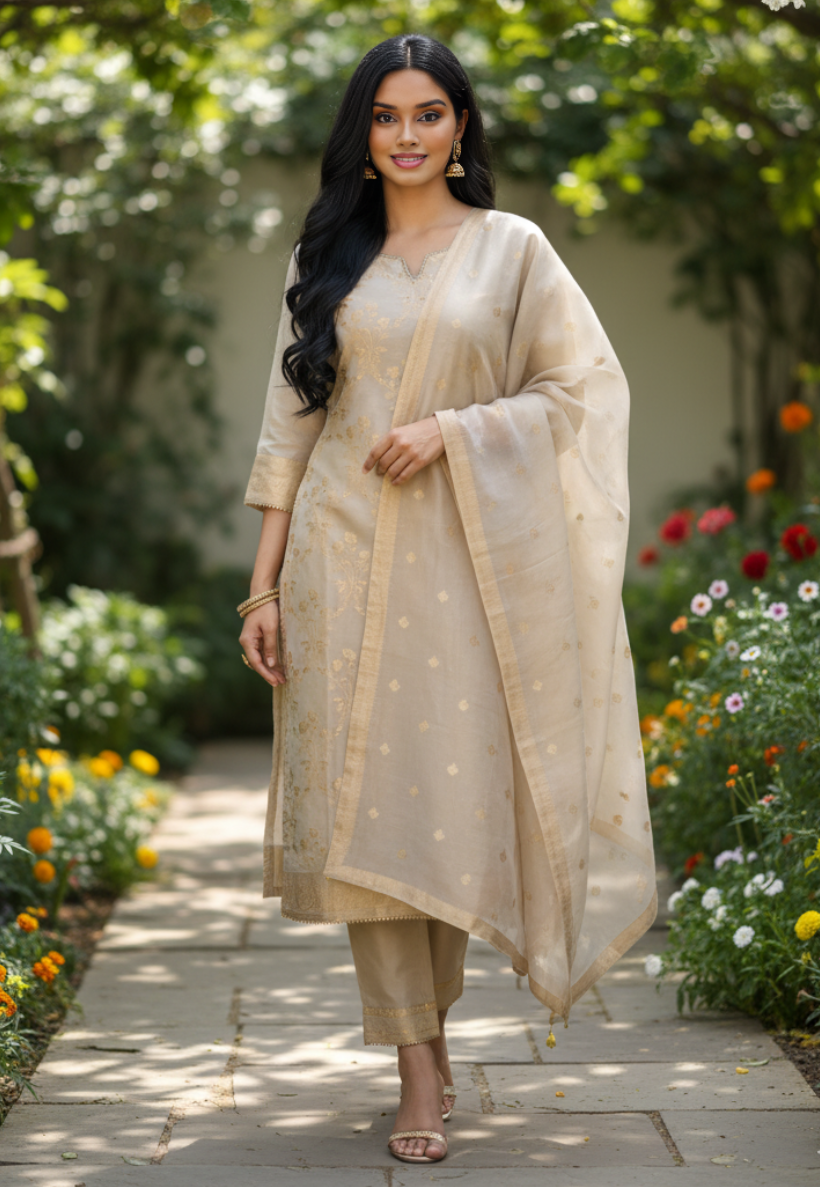 Champagne silk gold embossed salwar kameez