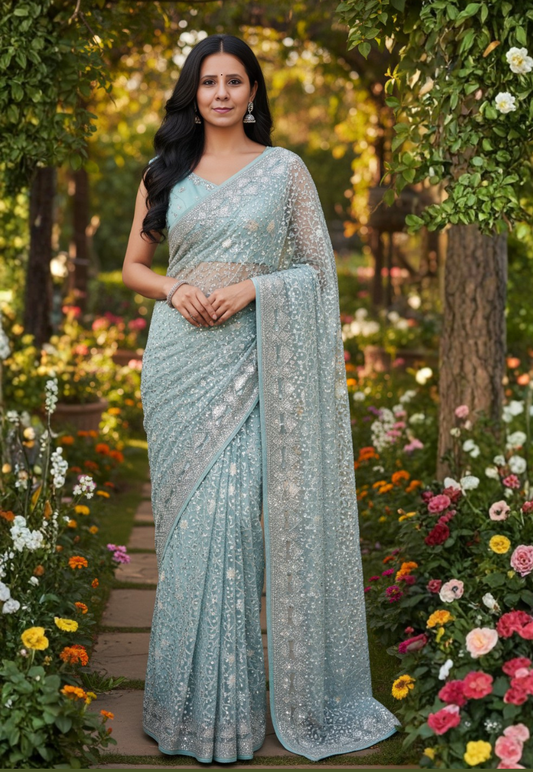 Aqua green lightweight net saree with patterned o embroidery and small crystal stonework