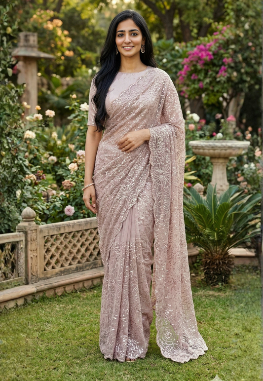 Slate grey net saree featuring rose gold sequins in a floral pattern with embroidery and scalloped stonework border