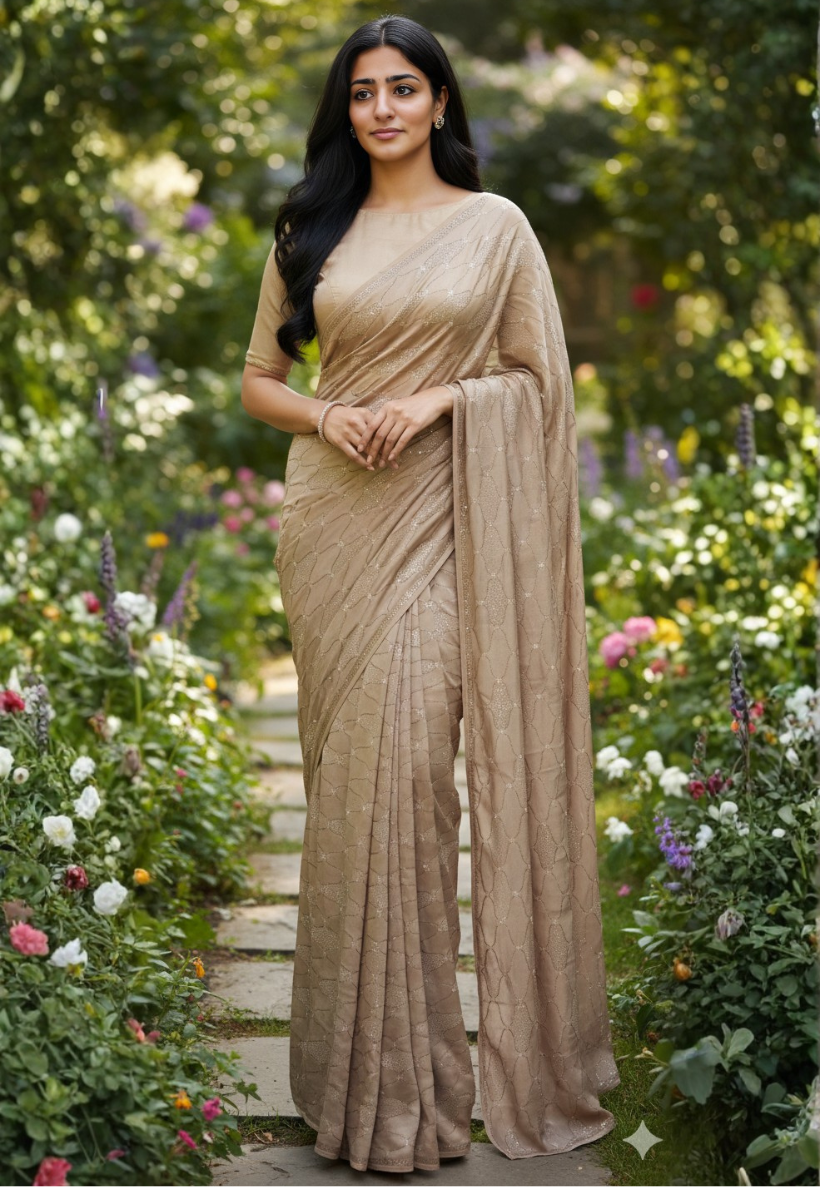 Champagne satin silk with heavy embellishment all over hotfix silver and gold rhinestones pattern