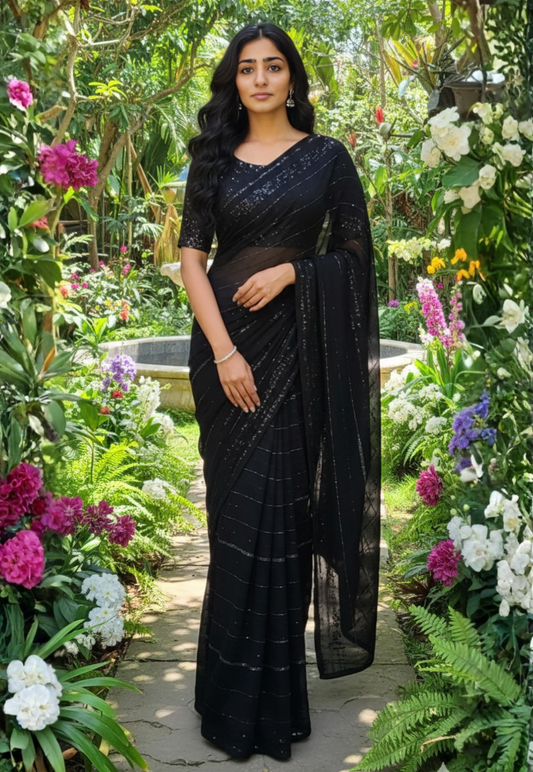Black sheer georgette saree with sparkling black and silver stonework