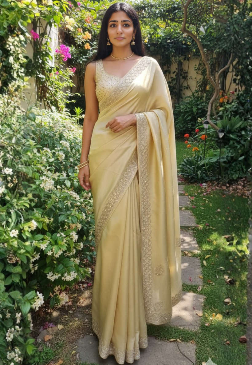 Antique gold tissue silk saree woven in a paisley and floral pattern with shimmering stone and beadwork