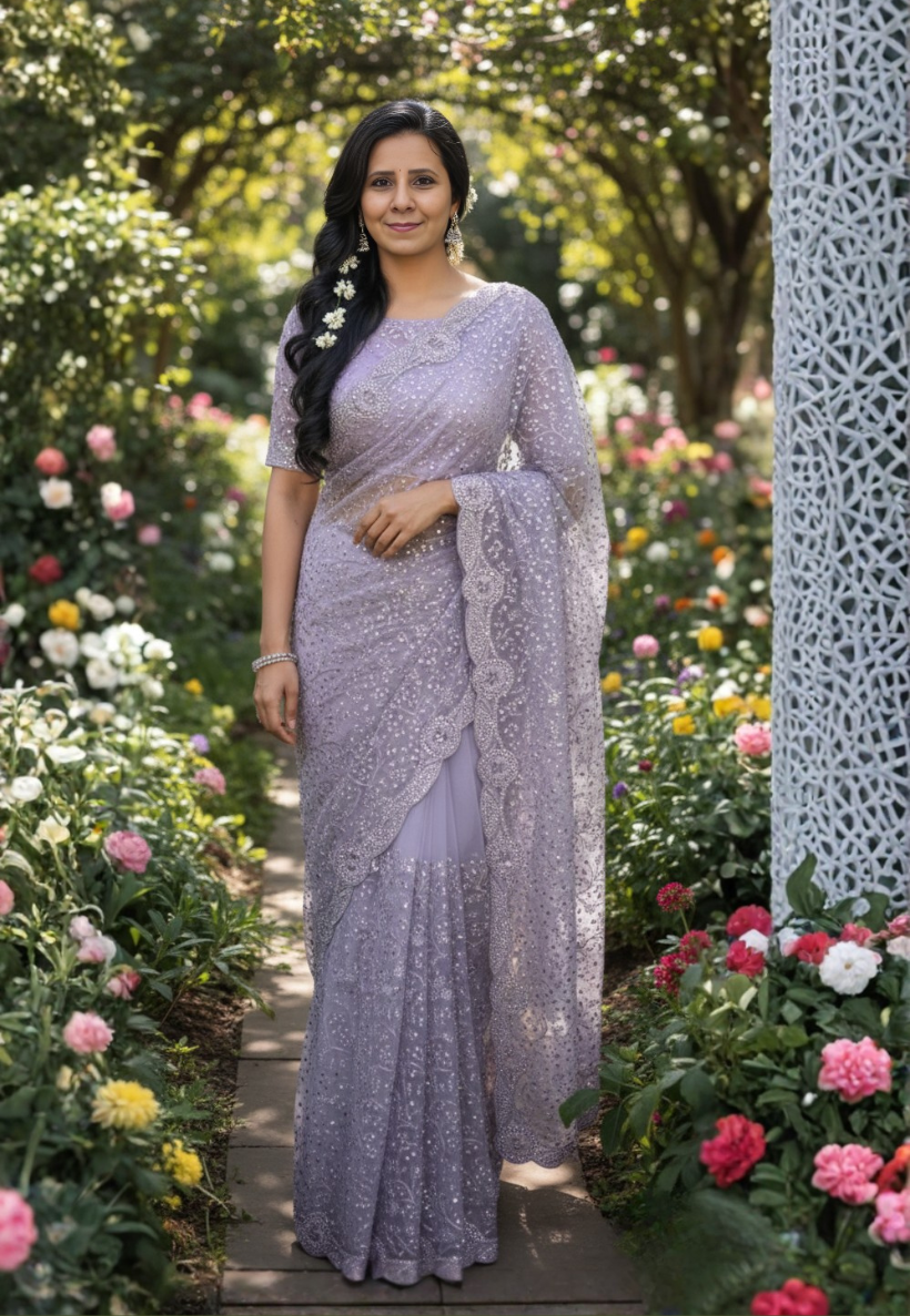 Lavender lightweight net saree with patterned heavy embroidery and small crystal stonework
