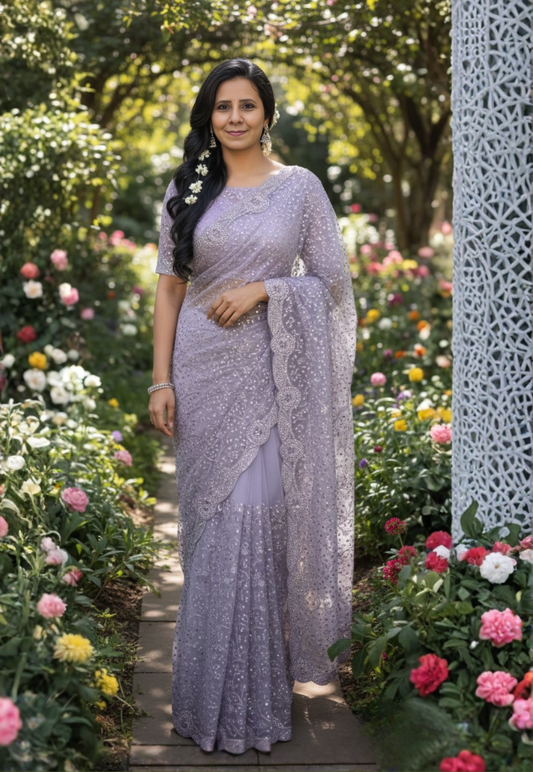 Lavender lightweight net saree with patterned heavy embroidery and small crystal stonework