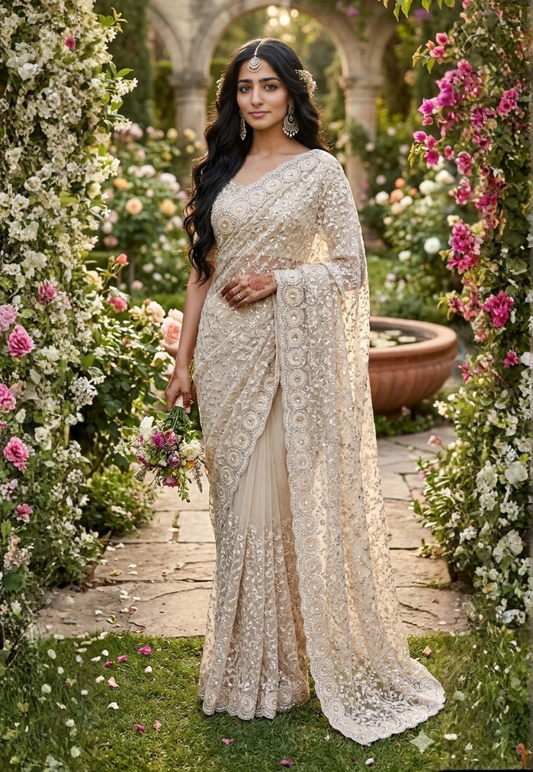 Luxury light beige net saree with zari,silver sequins, embroidery and stonework
