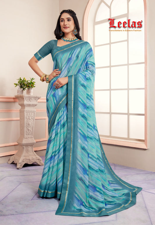 Teal georgette saree with abstract print and self embossed teal border