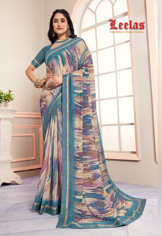 Jade digital printed georgette saree self embossed teal border