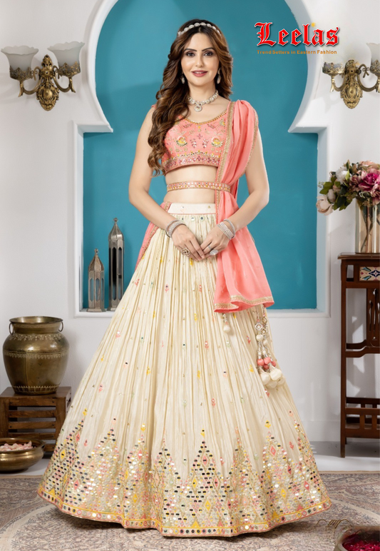 Cream silk lengha with sweet pink ready made blouse