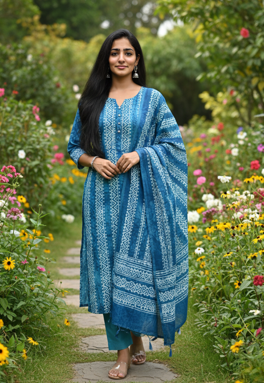 Ombre, tie dye cotton silk salwar kameez with geometric tribal print embroidery and sequins work